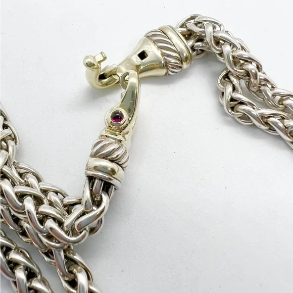 David Yurman Gold Buckle Double Wheat Chain Necklace With Rhodolite Garnet - Picture 12 of 14